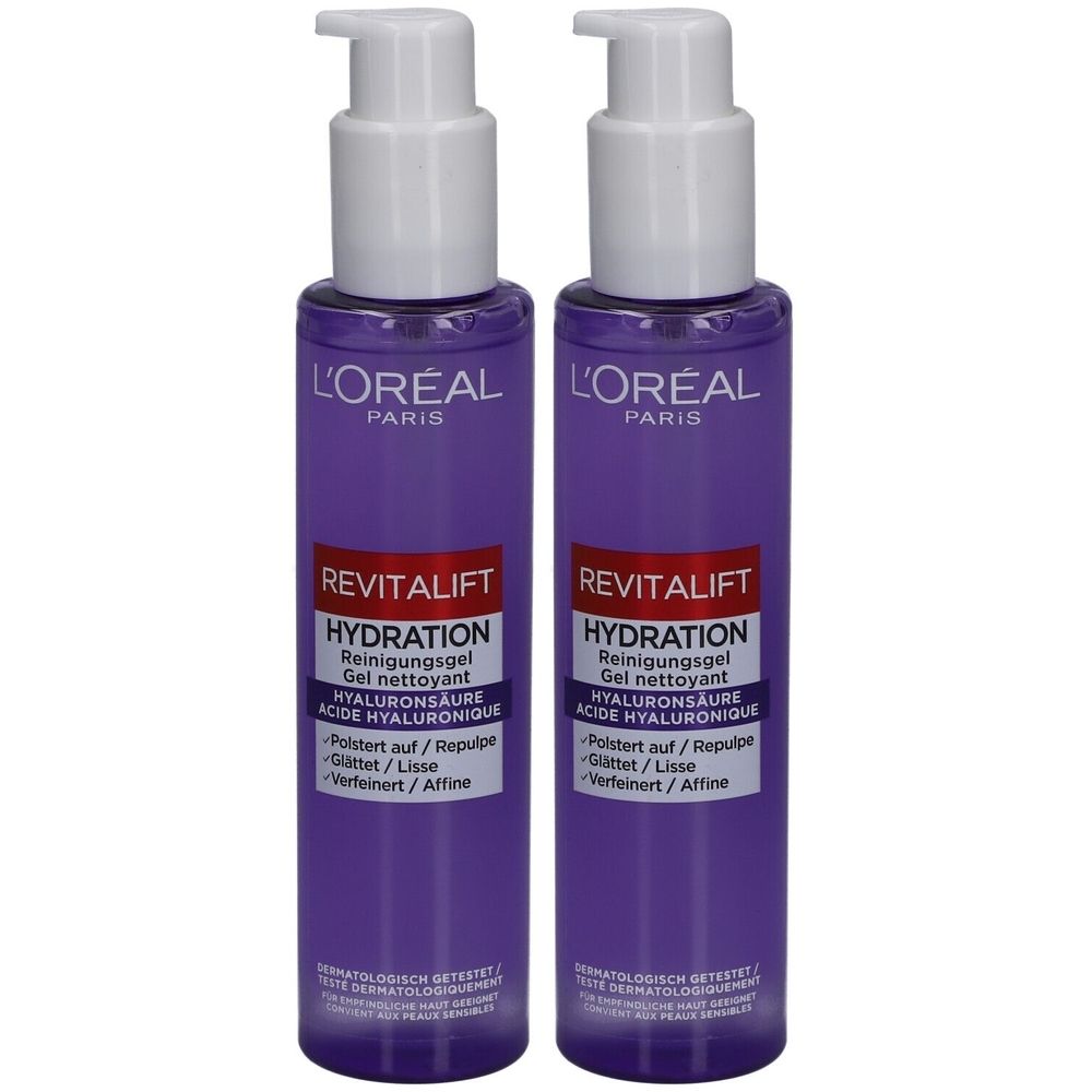 Deux flacons de gel nettoyant L'Oréal Revitalift. Flacons violets avec pompe blanche. Texte: Revitalift Hydratation, Acide Hyaluronique.