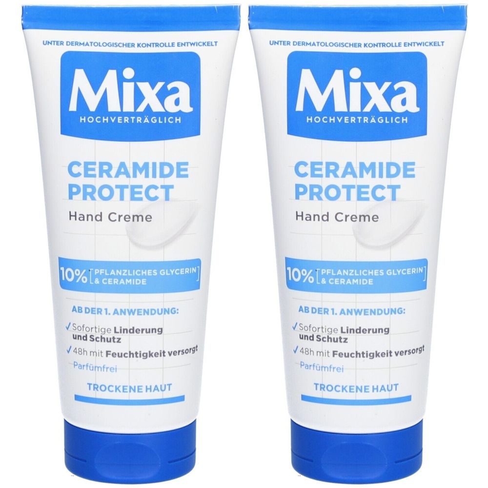 Deux tubes de crème pour les mains. Inscription: Mixa Ceramide Protect. Contient 10% de glycérine végétale et céramides. Pour peaux sèches. Testé dermatologiquement.