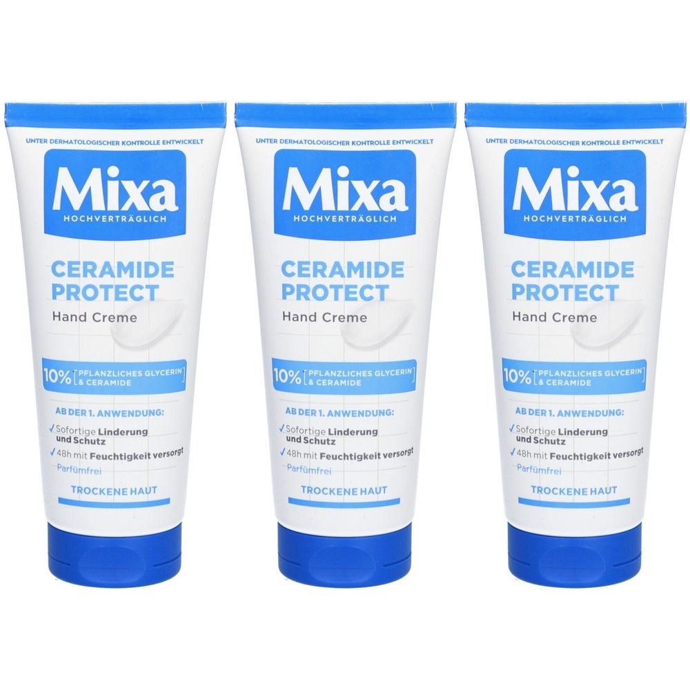 Trois tubes de crème pour les mains. Inscription: Mixa Ceramide Protect Hand Creme. Emballage bleu et blanc. Pour peaux sèches.
