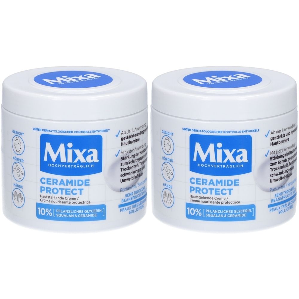Zwei weiße Tiegel mit blauem Deckel. Aufschrift: Mixa Ceramide Protect. Text: Hautberuhigende Creme. 10% pflanzliches Glycerin, Squalane & Ceramide.