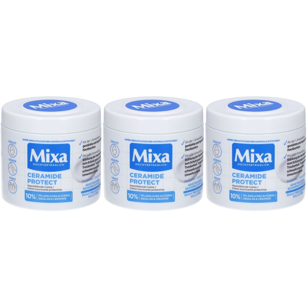 Trois pots blancs avec couvercles bleus. Sur le devant, Mixa, Ceramide Protect et 10%.