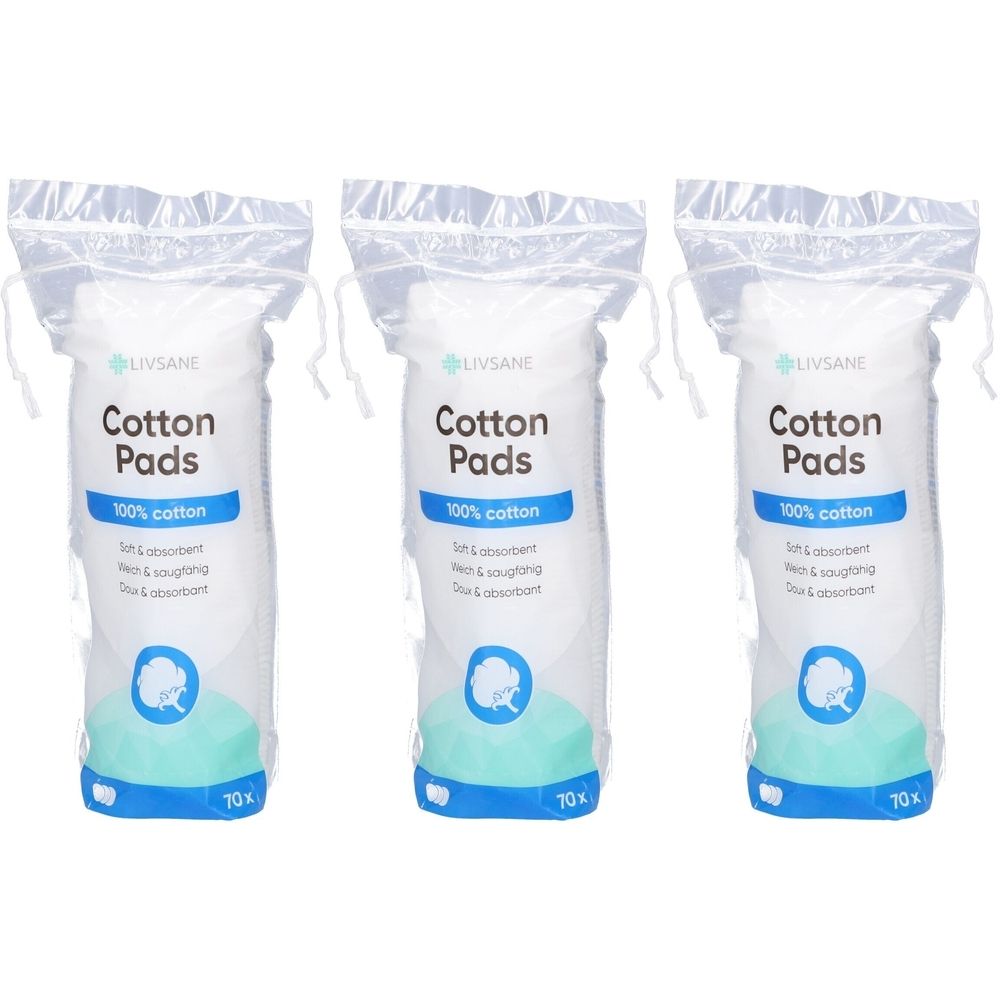 Trois paquets de cotons. Inscription: LIVSANE, Cotton Pads, 100% cotton, 70x. Disques blancs dans des sachets transparents avec cordon.