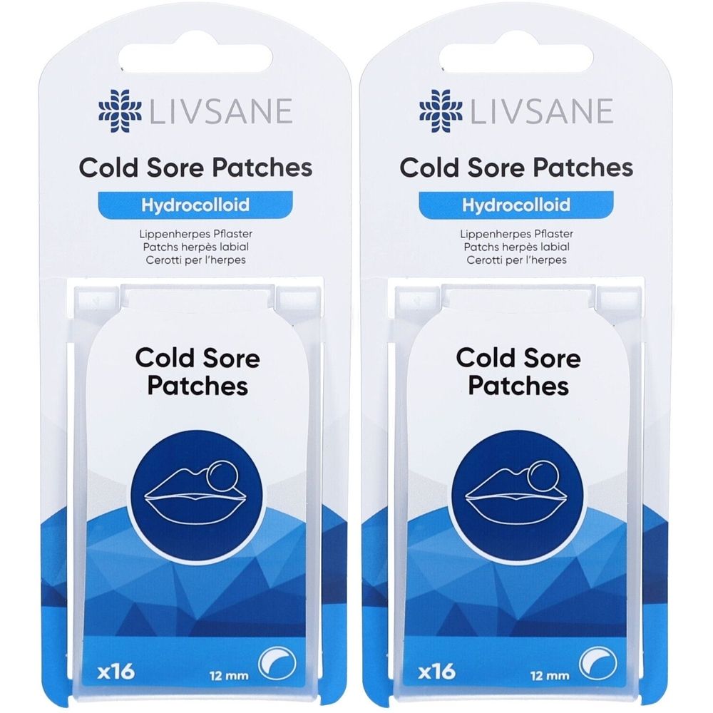 Zwei Packungen LIVSANE Cold Sore Patches. Jede Packung enthält 16 Pflaster. Aufdruck: Hydrocolloid, 12 mm.