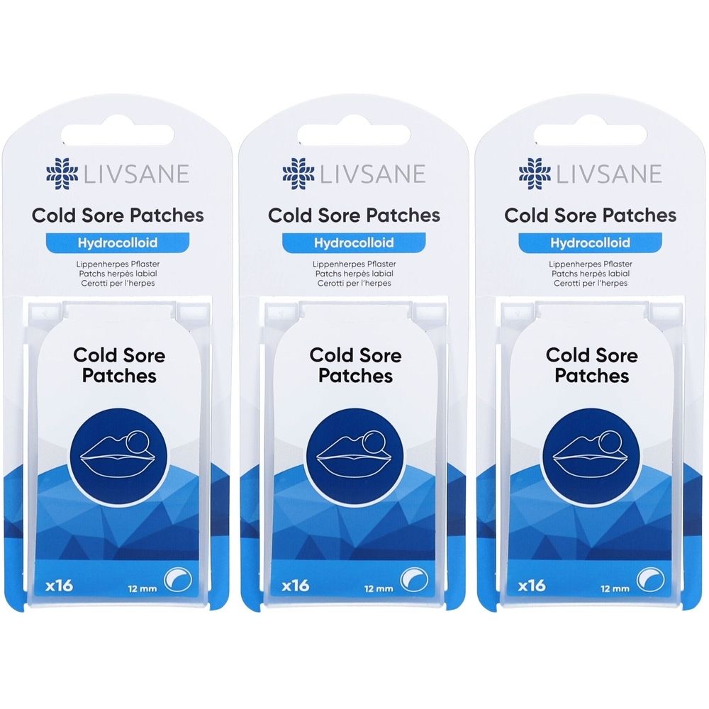 Drei Packungen LIVSANE Cold Sore Patches. Jede Packung enthält 16 Pflaster. Auf jeder Packung ist ein Mund mit Lippen abgebildet.