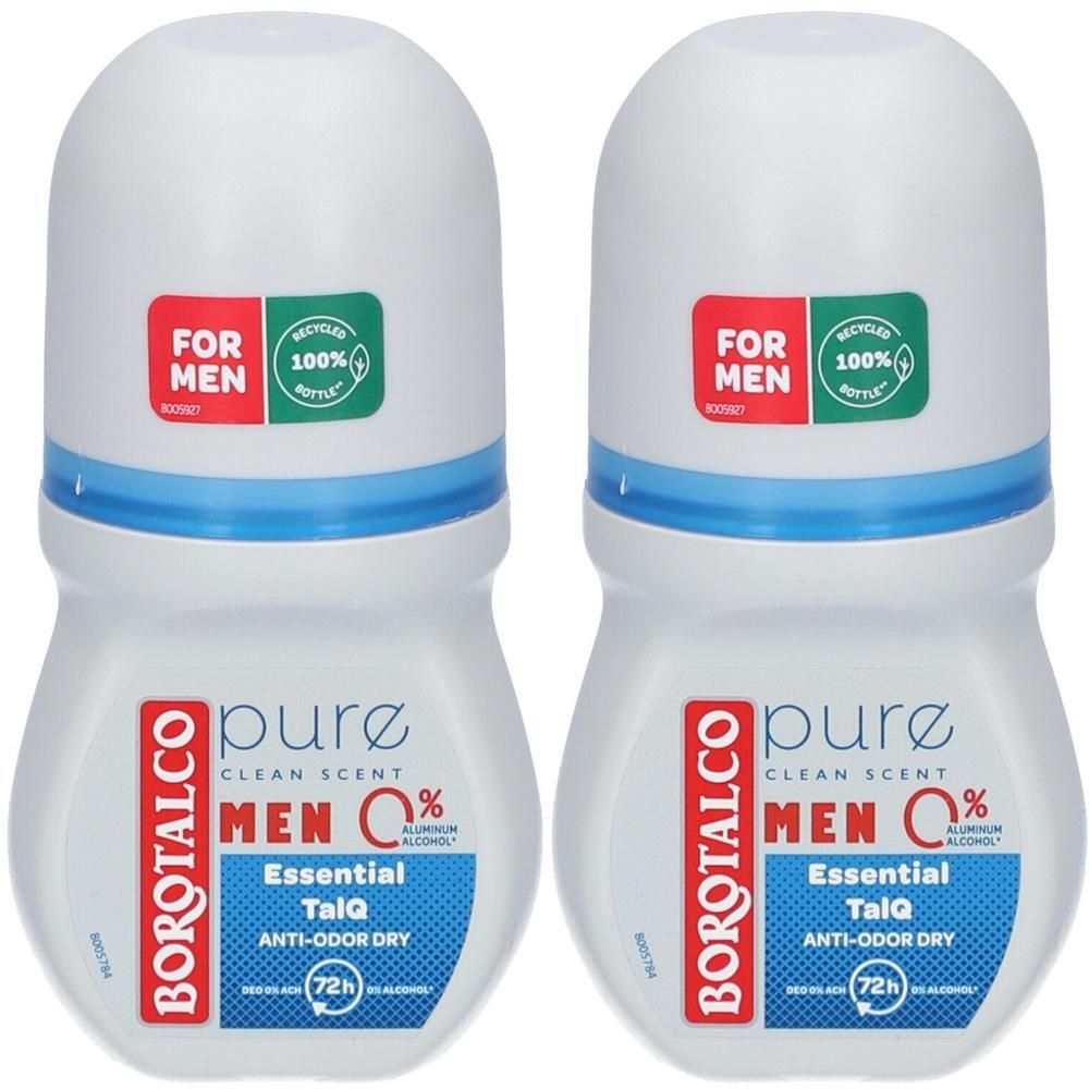 Deux déodorants roll-on blancs. Inscriptions : BOROTALCO, MEN 0%, Essential TalQ, Anti-Odor Dry. Étiquettes : FOR MEN, 100% Recycled Bottle.
