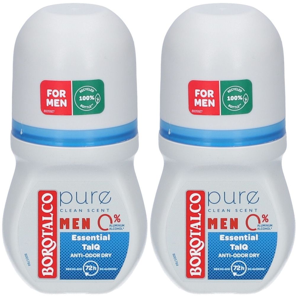 Deux déodorants roll-on blancs avec des accents bleus. Inscription : BOROTALCO, pure, MEN 0%, Essential TalQ, Anti-Odor Dry. Pour hommes.