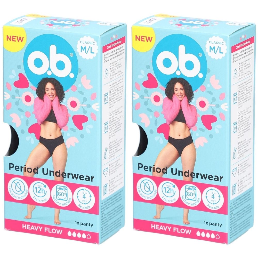 Zwei Packungen Periodenunterwäsche. Marke: o.b.® Classic M/L. Aufdruck: Period Underwear, Heavy Flow. Abbildung einer Frau.