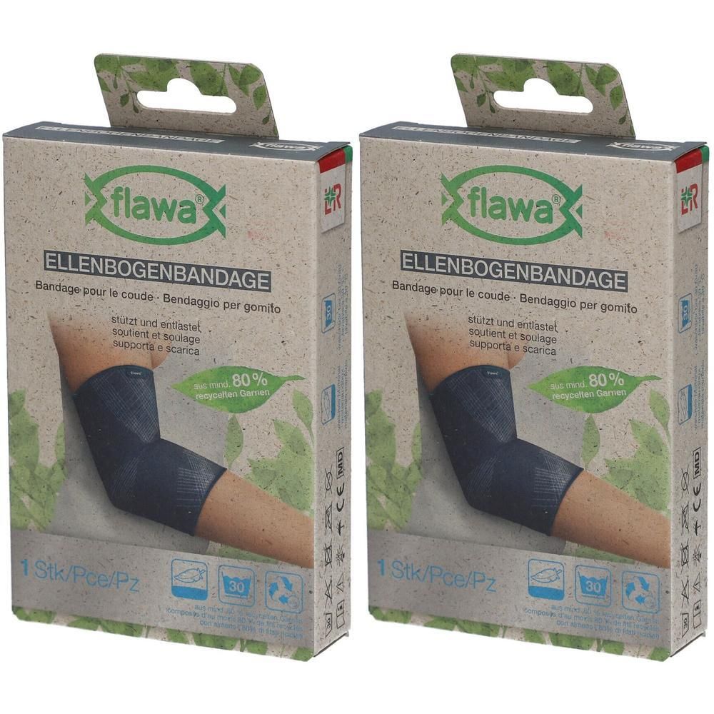 Deux paquets de bandage de coude flawa®. Le bandage est bleu foncé et porté sur le coude.