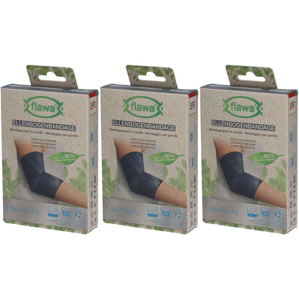 Trois paquets de bandage de coude flawa bleu foncé. Les bandages sont représentés sur des emballages en carton.