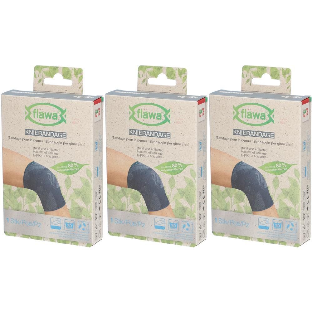 Trois paquets de genouillère flawa®. Chaque paquet montre une genouillère bleu foncé sur une jambe.