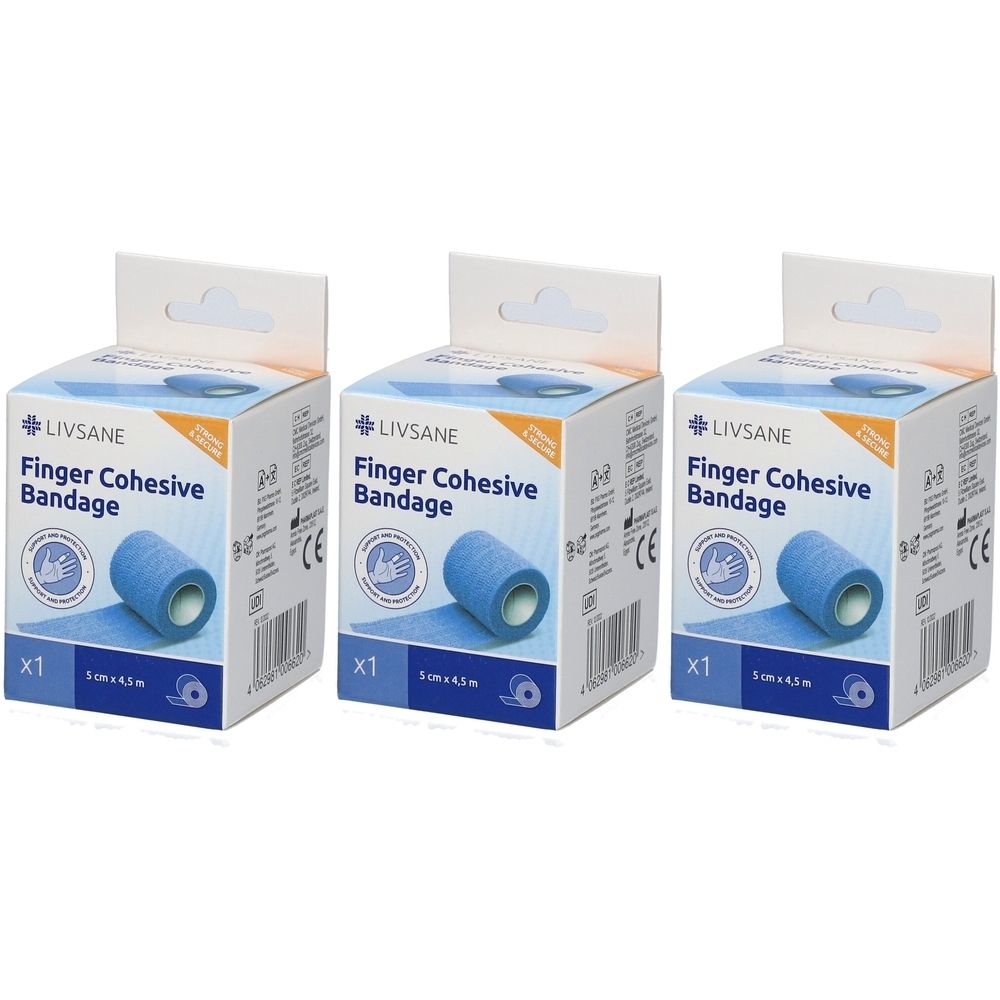 Drei Packungen LIVSANE Finger Cohesive Bandage. Jede Packung enthält eine Rolle blaues Verbandmaterial. Aufdrucke: Marke, Produktname, CE-Kennzeichnung.