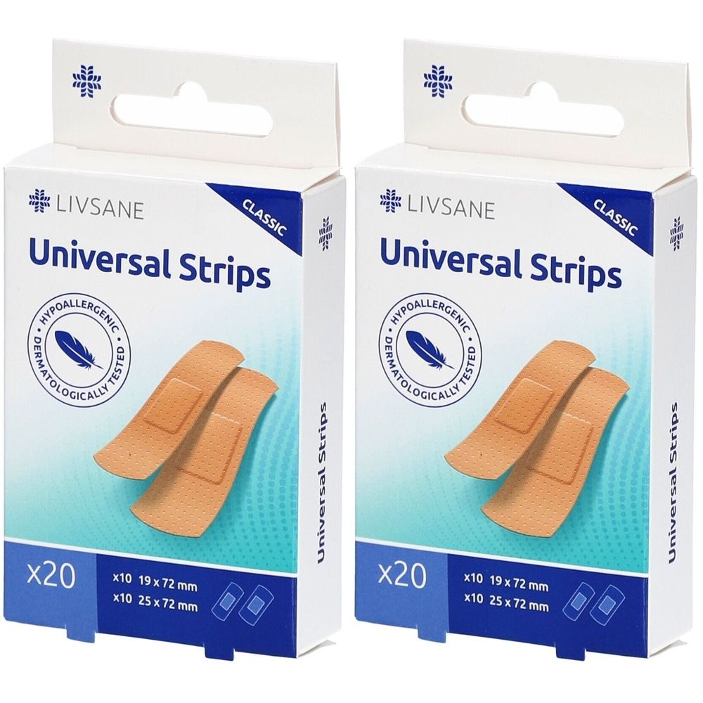 Zwei Packungen LIVSANE Universal Strips. Auf jeder Packung sind Pflaster abgebildet. Aufdruck: hypoallergen, dermatologisch getestet. 20 Stück.