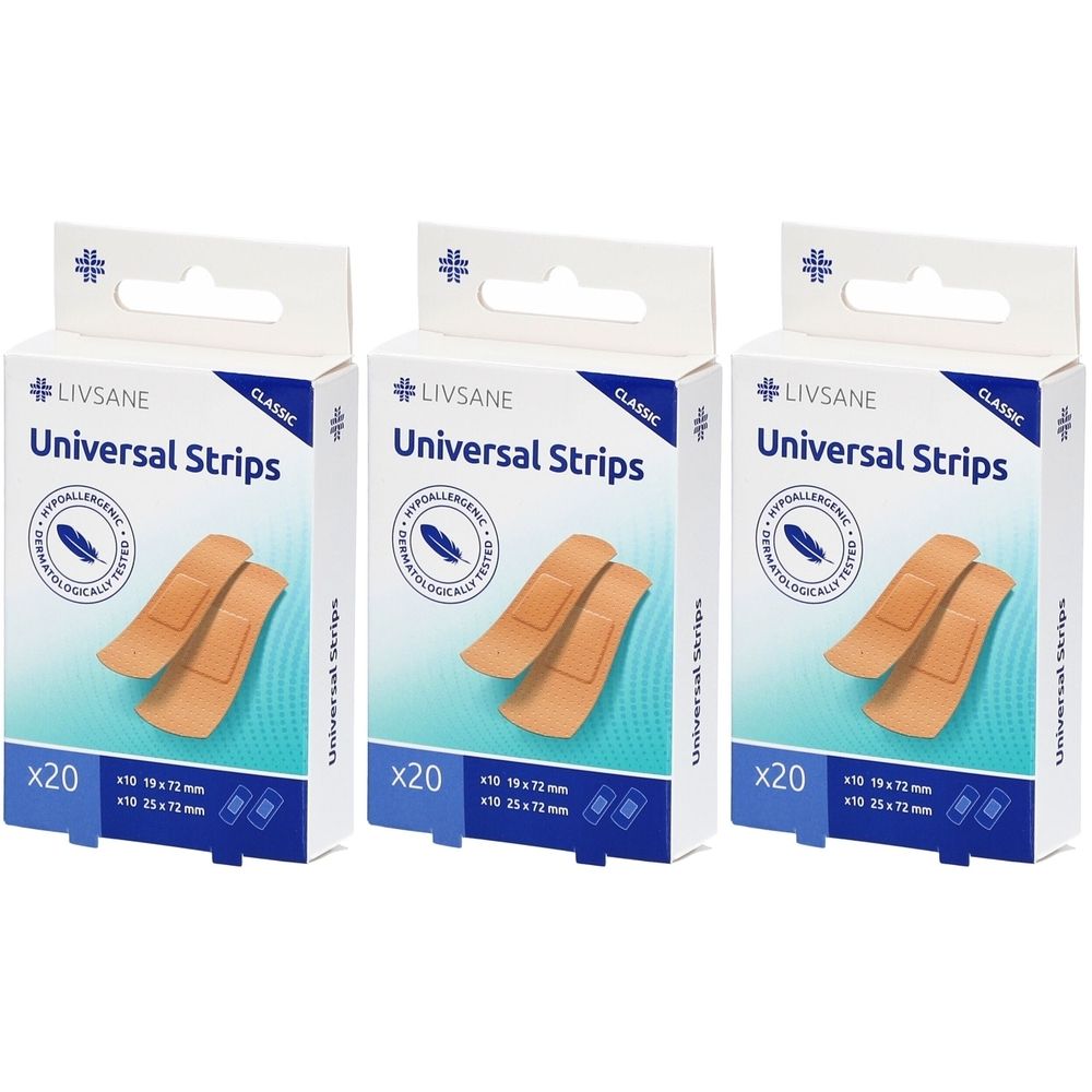 Drei Schachteln mit LIVSANE Classic Universal Strips. Jede Schachtel enthält 20 Pflaster in zwei Größen: 19 x 72 mm und 25 x 72 mm.
