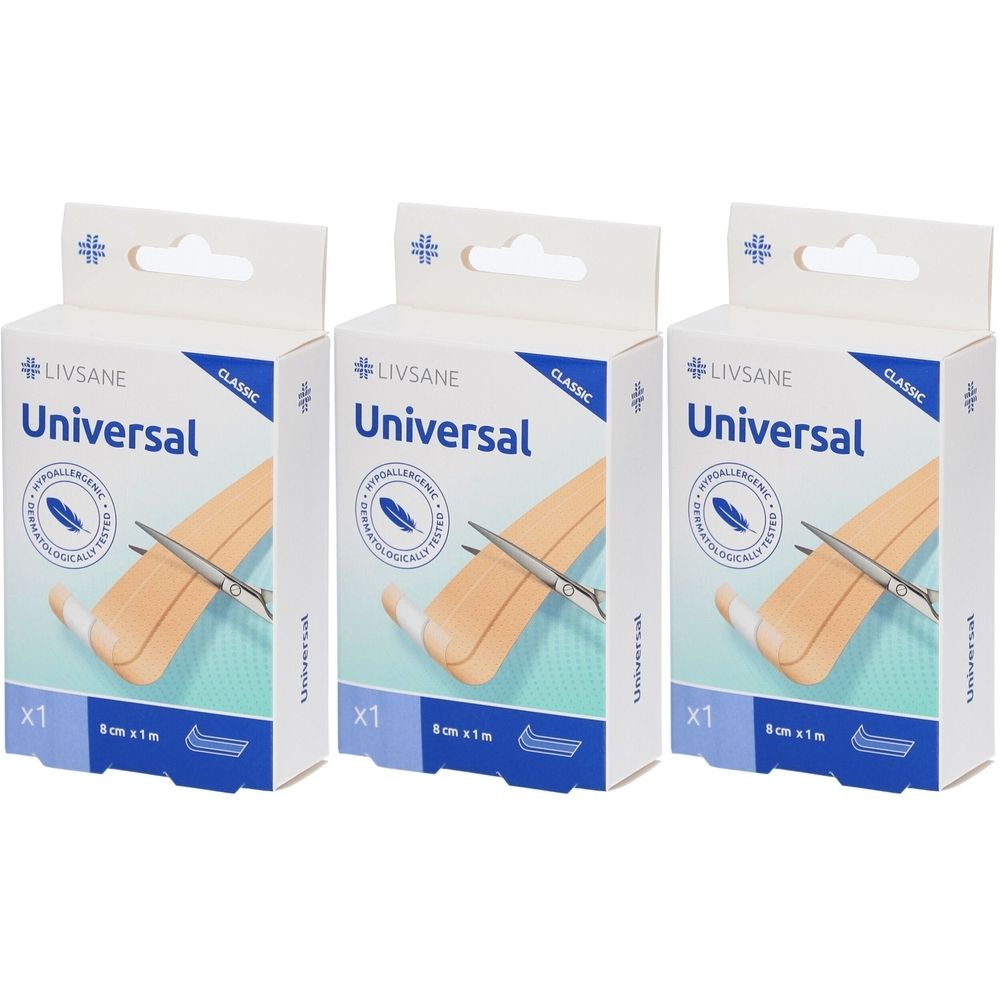 Drei Packungen LIVSANE Universal Pflaster. Auf jeder Packung steht "Universal", "CLASSIC", "8 cm x 1 m" und ein Logo.