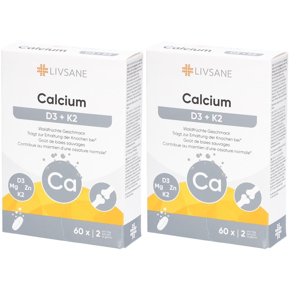 Zwei weiße Schachteln mit LIVSANE Calcium D3 + K2. Aufschrift: Calcium, D3 + K2, Wildbeerengeschmack. 60 x 2 Tabletten.