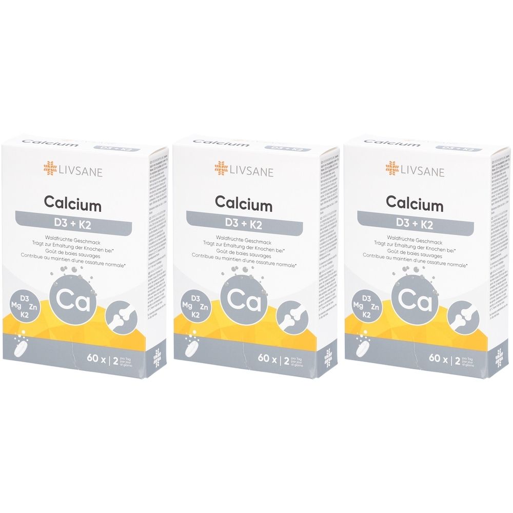 Drei weiße Kartons mit LIVSANE Calcium D3 + K2. Aufschrift: Calcium, D3 + K2, Ca, 60 x 2. Gelber Streifen unten.