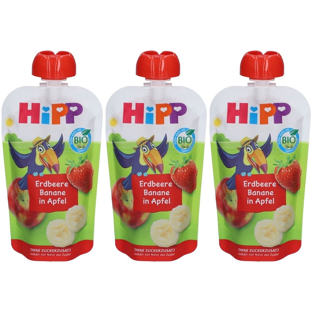Trois gourdes HiPP. Inscription : Erdbeere Banane in Apfel, label bio. Bouchon rouge. Sans sucres ajoutés.