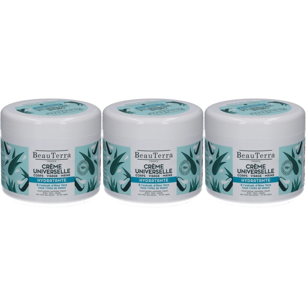 Trois pots de crème BeauTerra Universelle. Pots blancs avec graphiques bleu-vert et texte. Couvercles avec logo. Texte: Hydratante.