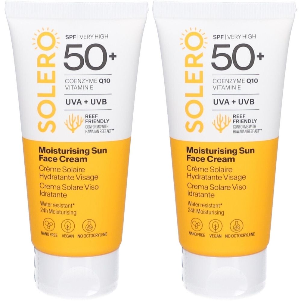 Zwei Tuben SOLERO Sonnencreme SPF50+. Weiße Tuben mit gelbem Abschnitt. Text: Moisturising Sun Face Cream, UVA+UVB, Reef Friendly.