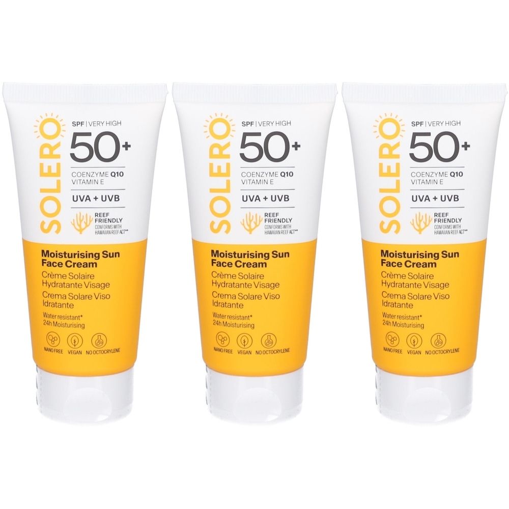 Drei Tuben SOLERO Sonnencreme SPF50+. Weiß-gelbe Verpackung. Aufschrift: SPF 50+, UVA+UVB, Feuchtigkeitsspendend.