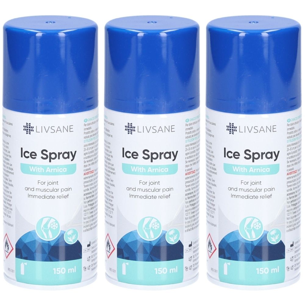 Drei Sprays mit blauem Deckel. Aufschrift: LIVSANE Ice Spray with Arnica. Für Gelenk- und Muskelschmerzen. 150 ml.