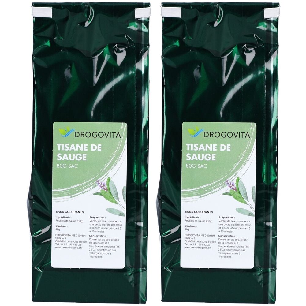 Deux sachets verts avec une étiquette blanche. L'étiquette indique "DROGOVITA Tisane de Sauge".