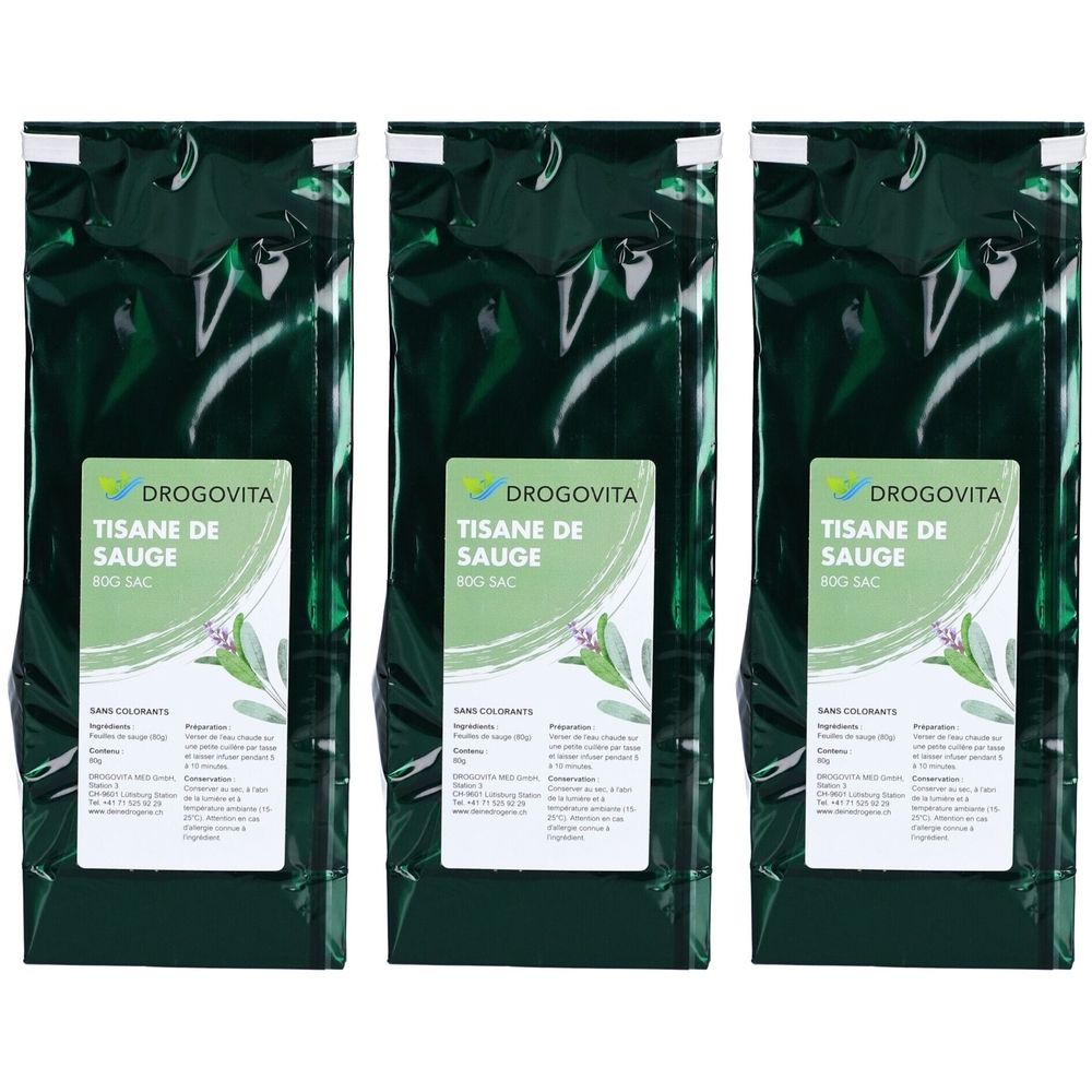 Trois sachets verts avec une étiquette blanche. L'étiquette indique "DROGOVITA TISANE DE SAUGE".