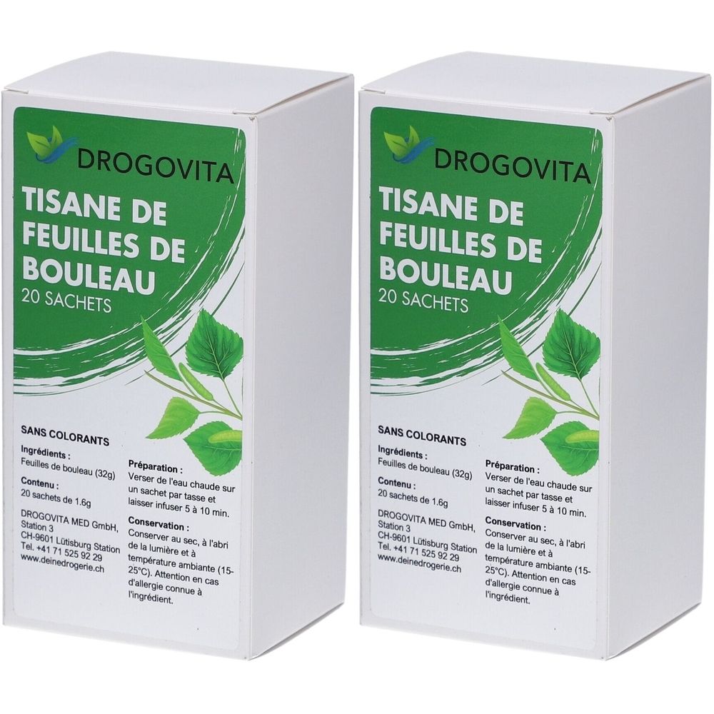 Deux boîtes blanches avec étiquettes vertes. Inscription: DROGOVITA, tisane de feuilles de bouleau, 20 sachets. Illustration de feuilles.