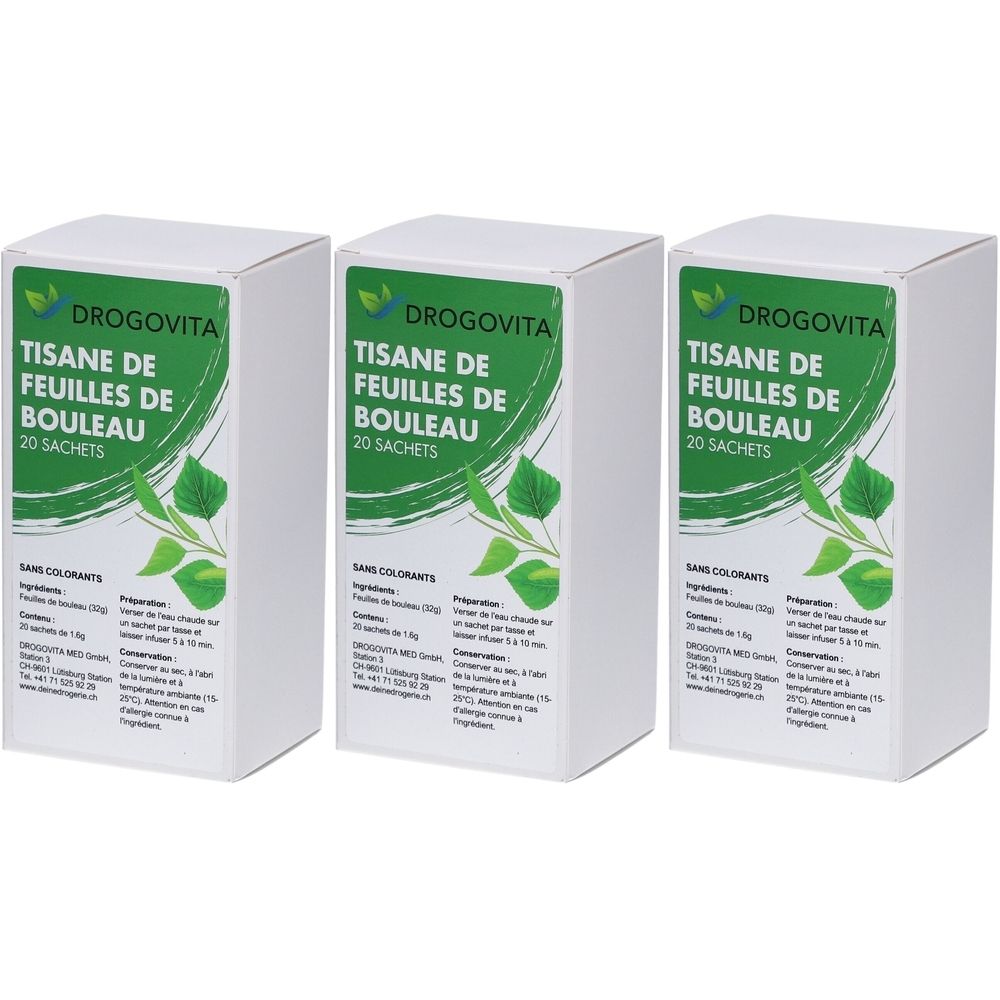 Trois boîtes blanches avec étiquettes vertes. Inscription: DROGOVITA, Tisane de Feuilles de Bouleau, 20 Sachets. Illustration de feuilles.