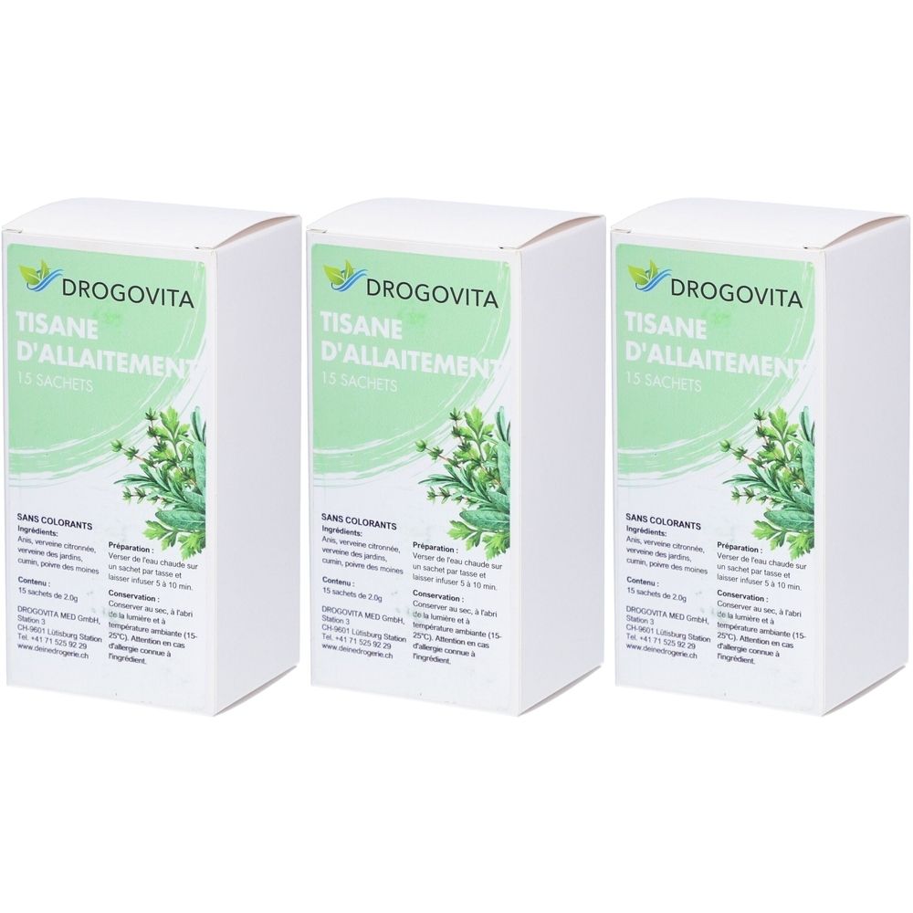 Drei weiße Kartons mit grüner Aufschrift. Oben steht "DROGOVITA". Darunter "TISANE D'ALLAITEMENT". Aufdruck "15 SACHETS".