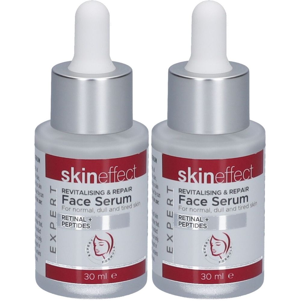 Zwei Flaschen Gesichtsserum. Aufschrift: skineffect, Face Serum, REVITALISING & REPAIR. Mit Pipette und 30 ml Inhalt.