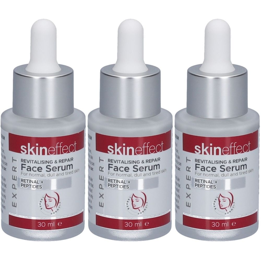 Drei Flakons Gesichtsserum mit Pipette. Aufschrift: skin effect, Face Serum, 30 ml. Roter Etikett mit Produktinformationen.