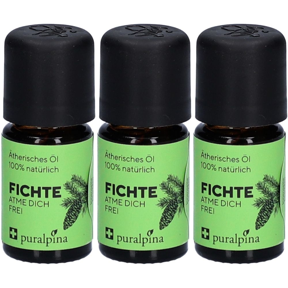 Drei kleine Flaschen mit schwarzem Deckel und grünen Etiketten. Auf den Etiketten steht "Fichte" und "puralpina".