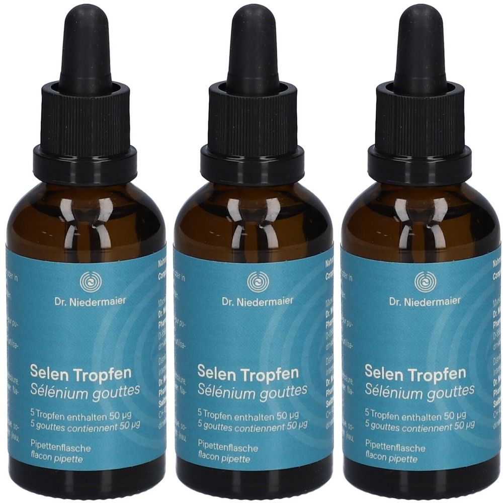 Trois flacons en verre brun avec pipettes noires. Les étiquettes indiquent "Selen Tropfen" et "Dr. Niedermaier".