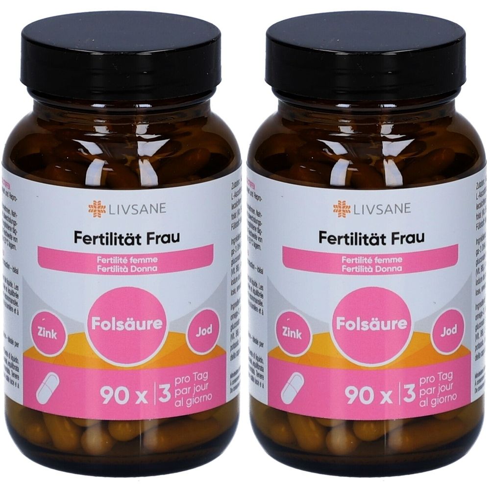 Deux flacons en verre brun avec des couvercles noirs. Les étiquettes indiquent "Livsane Fertilité Femme" et "Acide folique".
