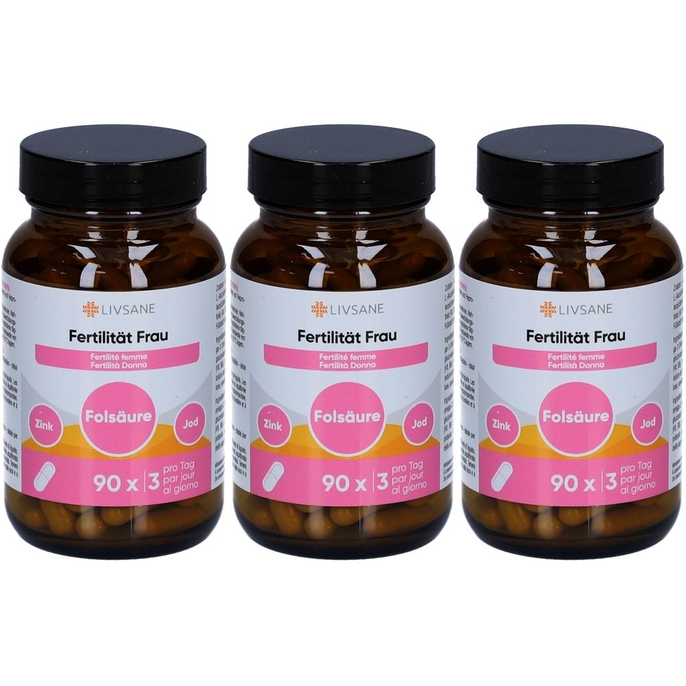 Trois flacons en verre brun avec des couvercles noirs. Les étiquettes indiquent "Livsane Fertilité Femme" et "Acide folique".