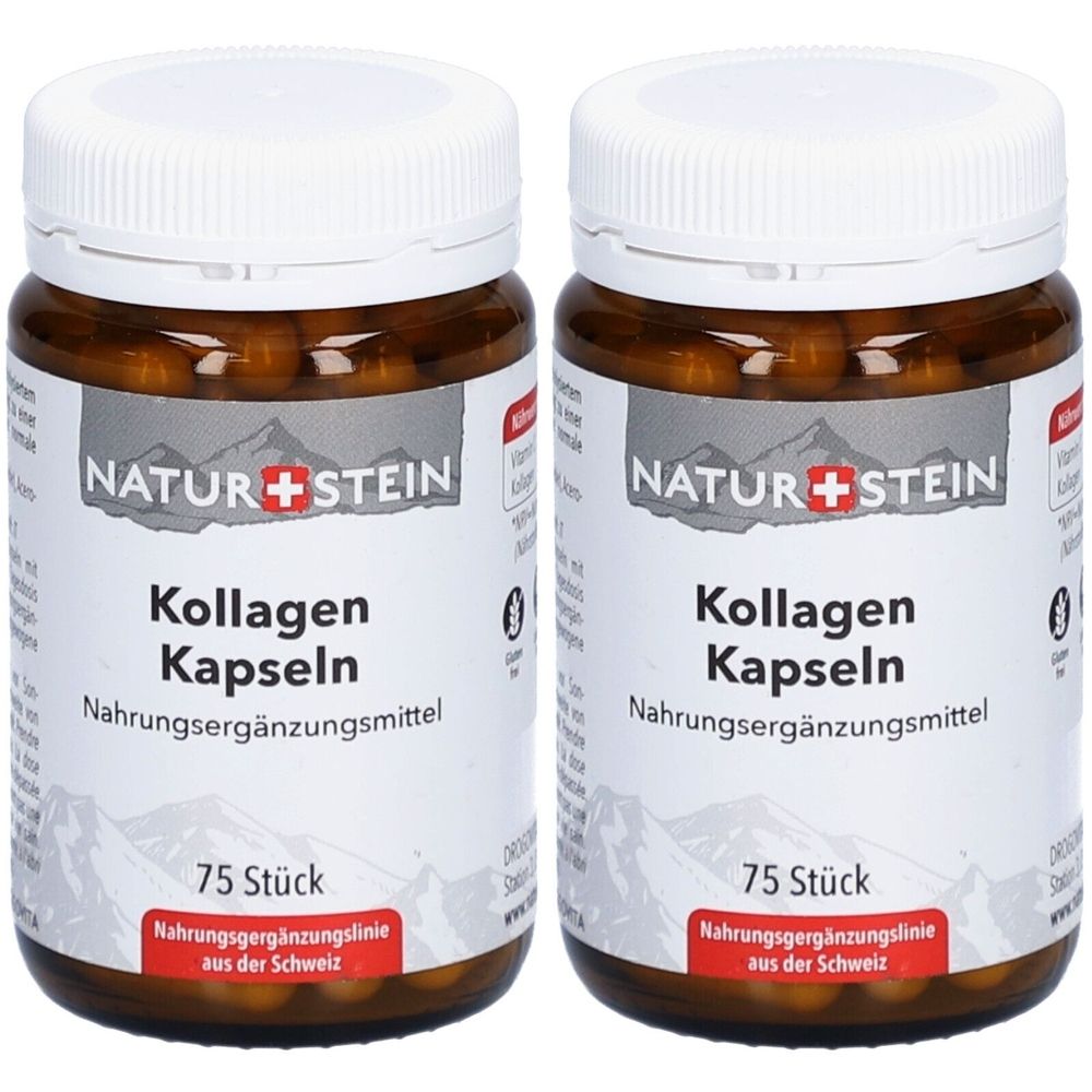 Zwei braune Kunststoffdosen mit weißen Deckeln. Auf den Etiketten steht "NATUR+STEIN Kollagen Kapseln Nahrungsergänzungsmittel".