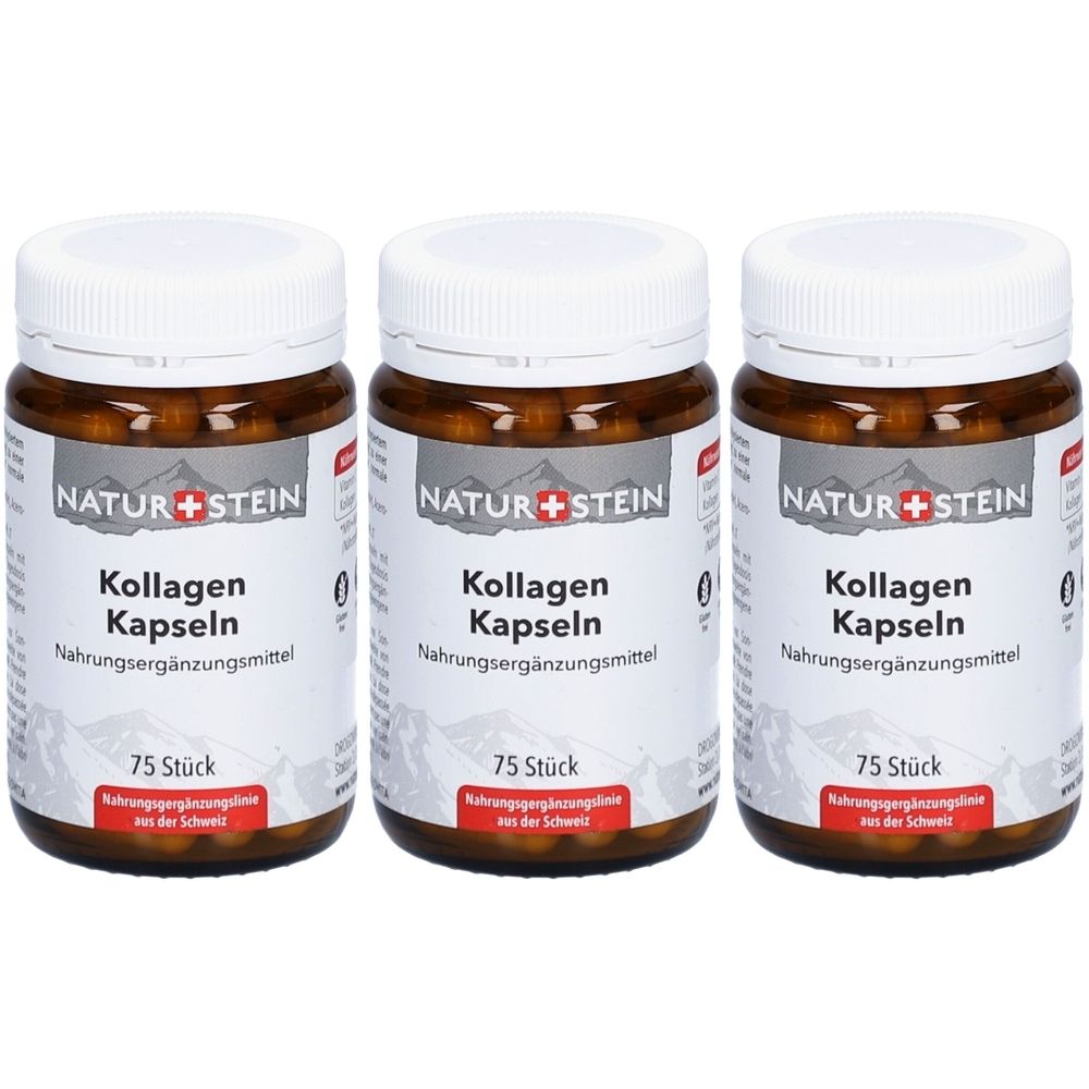 Drei braune Flaschen mit weißen Deckeln. Auf den Etiketten steht "NATUR+STEIN Kollagen Kapseln". Jede Flasche enthält 75 Stück.