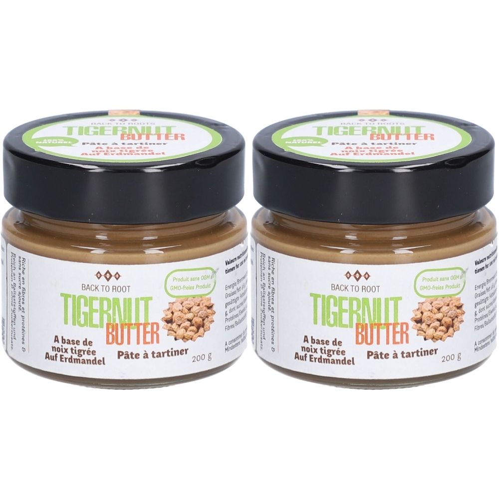 Zwei Gläser Tigernussbutter mit schwarzem Deckel. Auf den Etiketten steht "Tigernut Butter" und "A base de noix tigrée".
