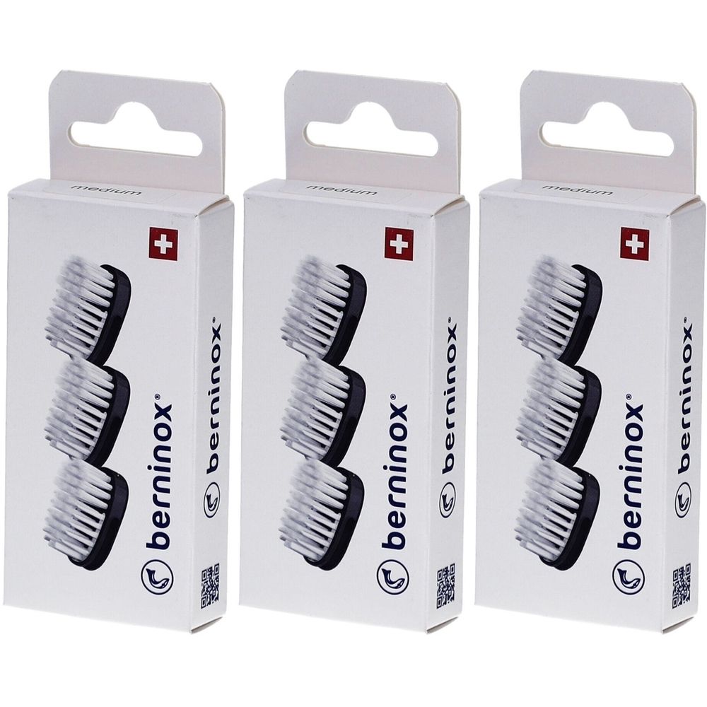 Trois boîtes de rechange pour têtes de brosse. Chaque boîte contient trois têtes de brosse. Marque : berninox. Croix suisse.