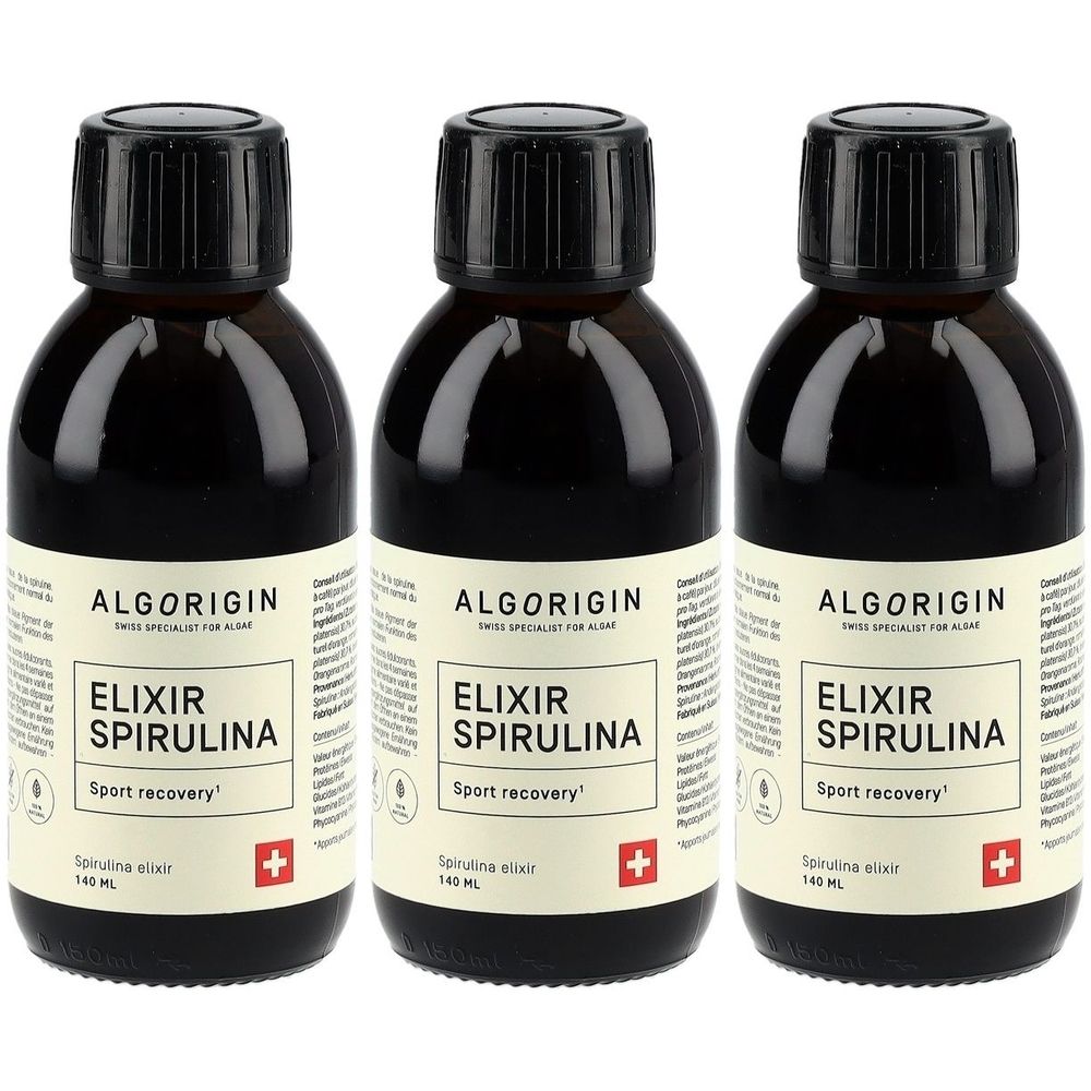 Drei Flaschen ALGORIGIN Elixir Spirulina. Braune Glasflaschen mit schwarzem Deckel und Etikett. Schweizer Kreuz.