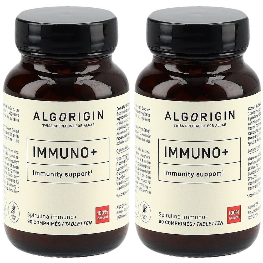 Zwei braune Glasflaschen mit schwarzen Deckeln. Auf den Etiketten steht "ALGORIGIN IMMUNO+" und "Immunity support".