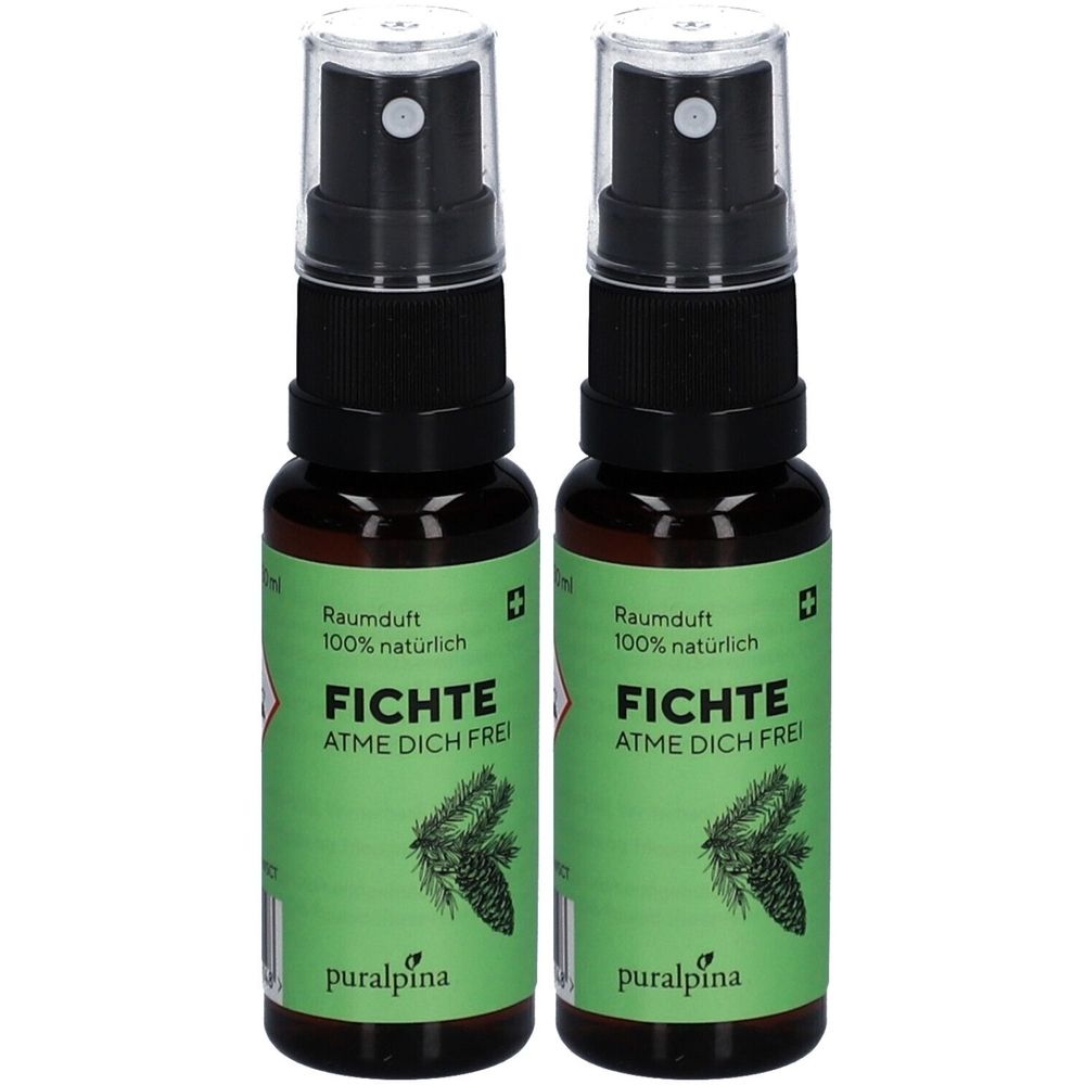 Zwei Sprühflaschen mit schwarzem Sprühkopf. Auf grünem Etikett: Fichte, Atme dich frei, puralpina. Raumduft, 100% natürlich.
