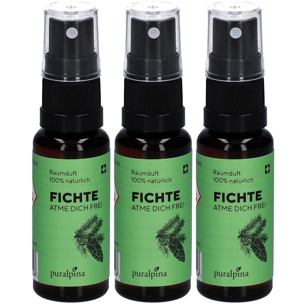 Drei Sprühflaschen mit schwarzem Sprühkopf und brauner Flüssigkeit. Etikett mit Text: Fichte, Atme dich frei. Marke: puralpina.