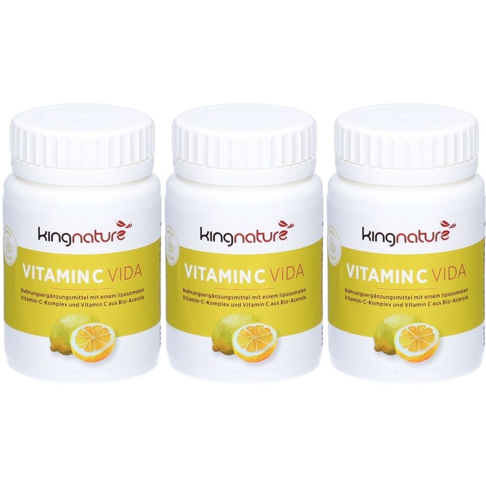 Drei weiße Flaschen mit Schraubverschluss. Aufschrift: kingnature, Vitamin C Vida. Gelbes Etikett mit Zitronen-Illustration.