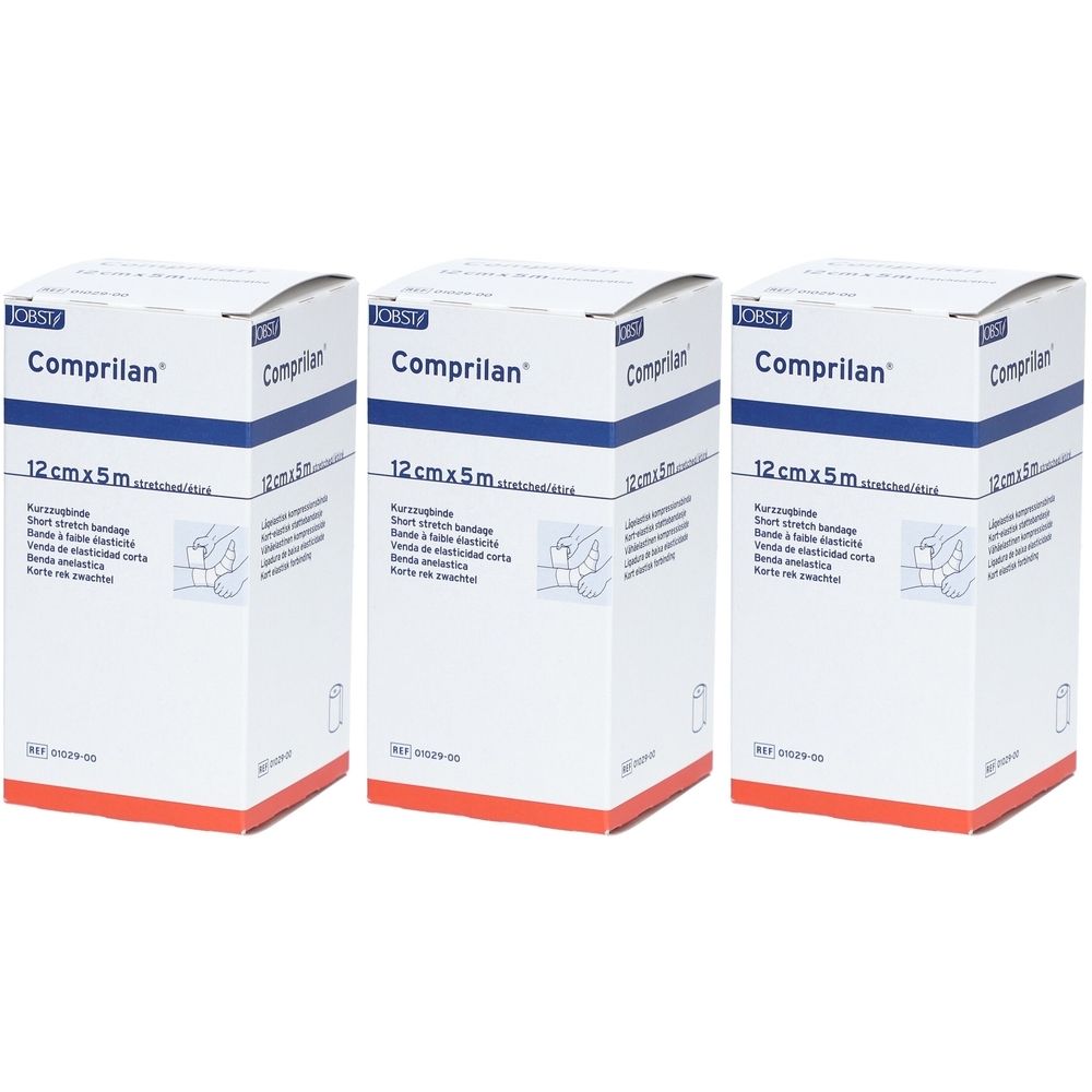 Drei weiße Kartons mit blauer Schrift. Auf jedem steht "Comprilan", "12 cm x 5 m" und eine Abbildung. Marke JOST.