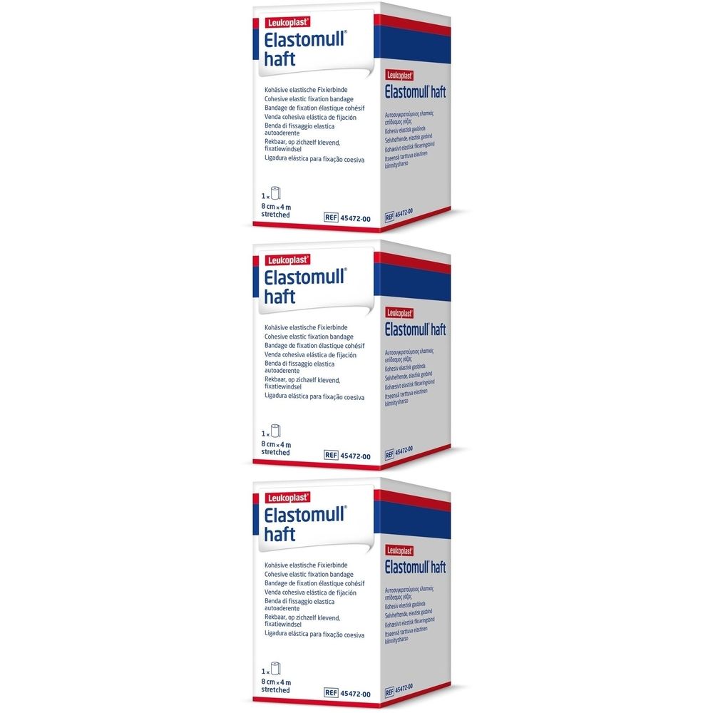 Drei Kartons Elastomull haft. Aufdruck: 8 cm x 4 m, weiß, blau und rot. Produktname und weitere Informationen.
