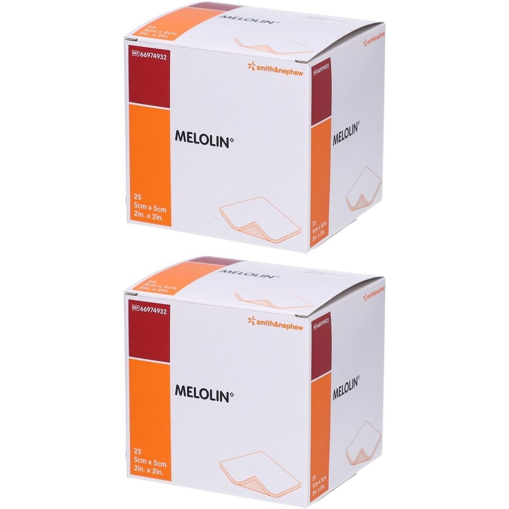 Zwei Kartons MELOLIN sterile Kompressen. Aufdruck: 5 cm x 5 cm, 25 Stück. Marke Smith & Nephew. Orangefarbene und rote Akzente.
