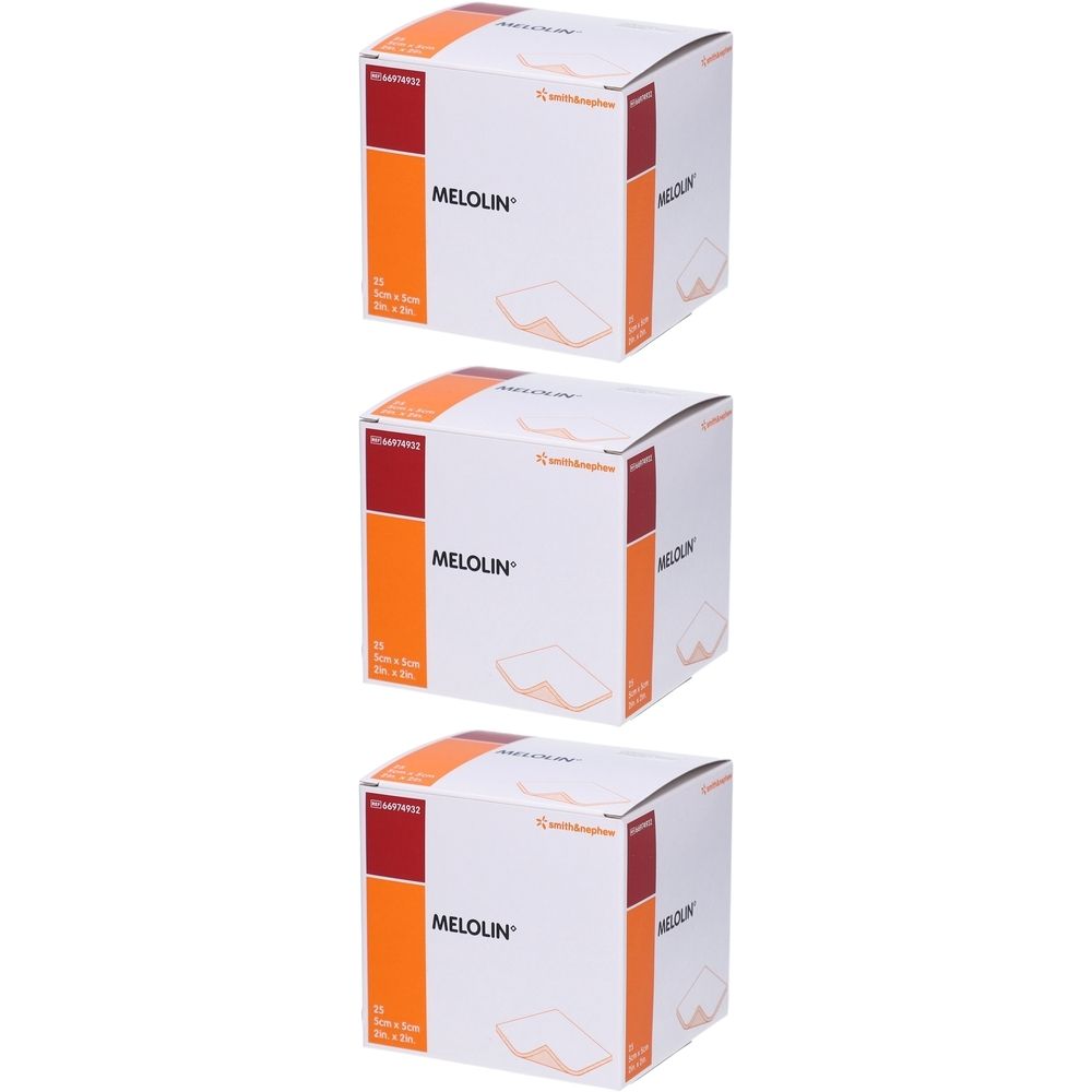 Drei Kartons MELOLIN sterile Kompressen. Aufdruck: MELOLIN, 5 x 5 cm. Verpackung mit rotem und orangefarbenem Design.