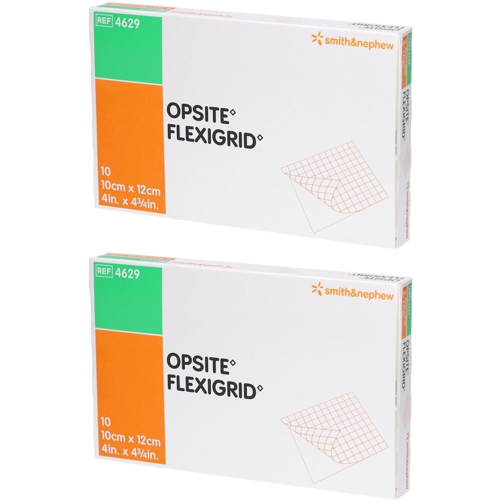 Zwei Kartons OPSITE Flexigrid. Aufdruck: 10 Stück, 10cm x 12cm, 4in x 4¾in. Smith & Nephew Logo.